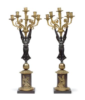 A pair of French six-flame candelabra, - Umění a starožitnosti