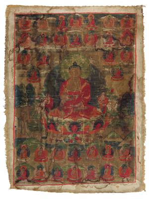 A thangka depicting Buddha Shakyamuni and the 35 buddhas of the confession of sins, Tibet, 19th cent. - Antiquariato