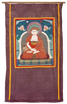 A thangka (gos-thang) depicting a monk or scholar with pandita hat, Tibet, early 20th cent. - Antiquariato