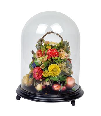 An exceptional Biedermeier bouquet of wax flowers in a basket with handles, - Antiquariato