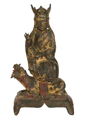 Guanyin auf Löwe, China, Qing Dynastie - Antiquitäten (Uhren, Metallarbeiten, Asiatika, Fayencen, Skulpturen, Textilien, Volkskunst)