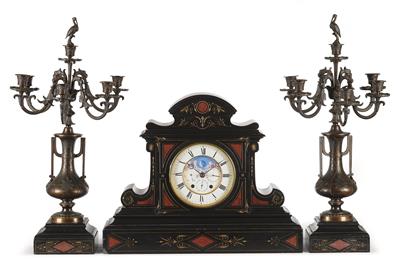 Historismus Brocot Kamingarnitur mit ewigem Kalender - Antiquitäten (Uhren, Metallarbeiten, Asiatika, Fayencen, Skulpturen, Textilien, Volkskunst)