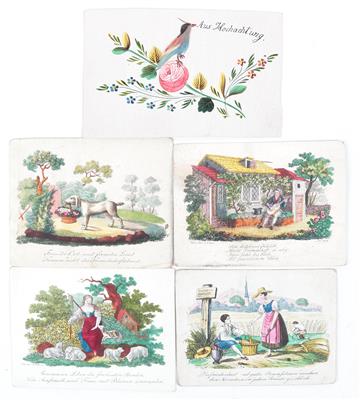Five Biedermeier Greeting Cards, - Antiques (Clocks, Asian Art, Metalwork, Faience, Folk Art, Sculpture)