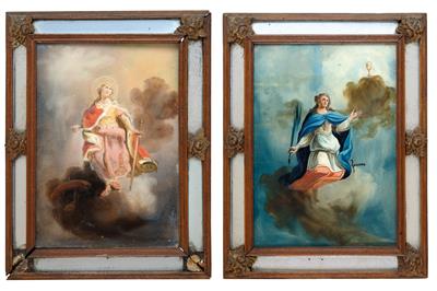 Two Reverse Glass Paintings, St. Barbara and St. Catherine, - Antiques (Clocks, Asian Art, Metalwork, Faience, Folk Art, Sculpture)