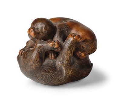 A Netsuke of Three Mating Puppies, Japan, 19th Century, Signed Masanao, - Works of Art - Part 1