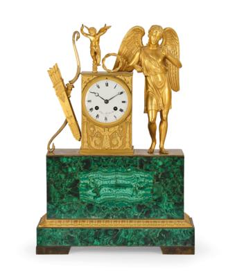 A Charles X Ormolu Malachite Mantel Clock "Amor", "Le Roy & Fils H(orloger) du Roi", - Starožitnosti a nábytek