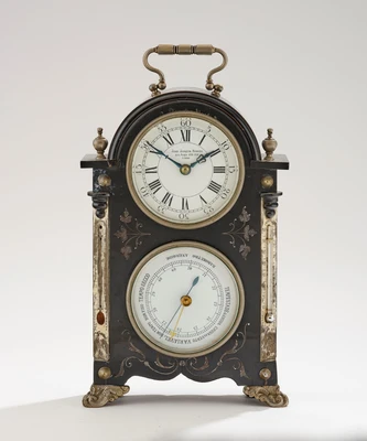 Kleine Portugiesische Tischuhr mit Barometer und Thermometer, "J. J. Ribeiro, Lisboa", - Uhren