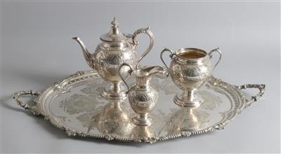 1 Kaffeekanne, 1 Gießer, 1 Zuckerschale, 1 Henkeltablett, - Antiquariato