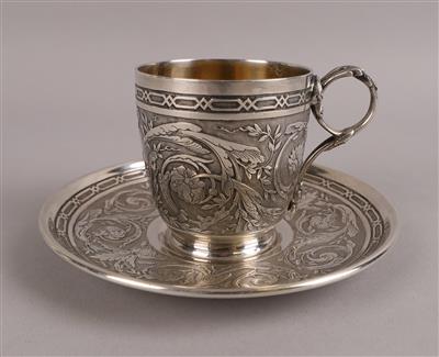 Französische Silber Mokkatasse mit Untertasse, - Stříbro