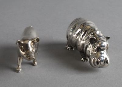 2 Silber Minaturen - Nilpferd und Schwein, - Silber