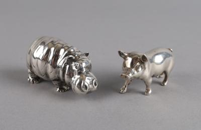 2 Silber Minaturen - Nilpferd und Schwein, - Stříbro