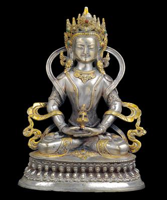 Tibet, Nepal: A Buddha Amitabha figure (also Aparmita or Amitayus), silver-plated and gilded. - Tribal Art