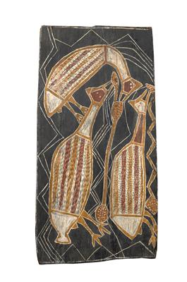 Australien, Northern Territory, Arnhemland: ‘Drei Gänse’. Aborigines-Malerei auf Eukalyptus-Rinde. Maler: John Daininganan Gupapuynge aus Milingimbi. Anfang der 1960er Jahre. - Stammeskunst/Tribal-Art; Afrika