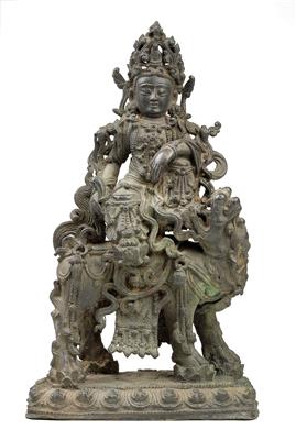 China: Bronze figure of a Bodhisattva Manjushri sitting on a lion. - Mimoevropské a domorodé umění