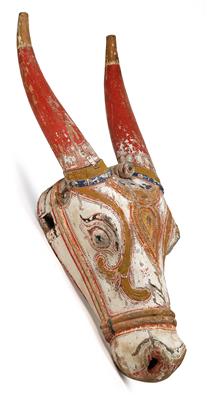 India: A large, painted bull’s head made of wood from a cult wagon or temple. - Tribal Art