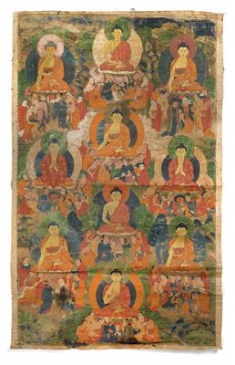 Tibet, Nepal: A ‘thangka’ sacred scroll painting, depicting ten Buddhas, pupils, monks and worshippers. - Tribal Art