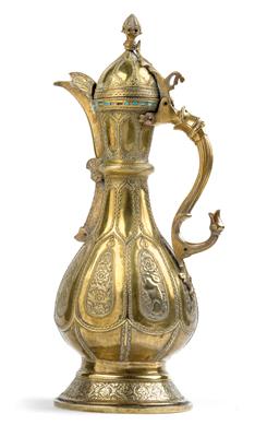 Bokhara, Uzbekistan: A lidded jug, made of cast brass. With elaborate décor, signed and with a band of inserted turquoises. - Arte Tribale
