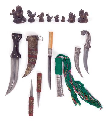 Mixed lot (12 items): Burma, India, Persia: three daggers, a knife and eight Burmese ‘opium weights’. - Tribal Art