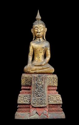 Burma (Myanmar): A Buddha figure out of wood, sitting on an elevated throne, with visible remains of gilding in gold leaf. Style: Mandalay/Shan. 19th century. - Tribal Art