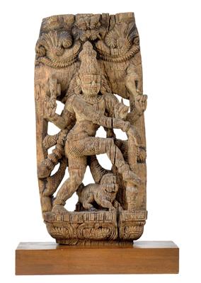 India: An old wooden sculpture of the dancing god Vishnu — from a temple or religious vehicle in South India. - Tribal Art