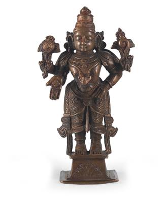 Indien: Eine hinduistische Klein-Bronze: Gott Vishnu, den'Erhalter', darstellend. - Stammeskunst / Tribal-Art