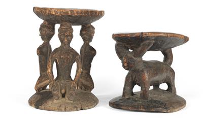 Mixed lot (2 items): Pende, Dem. Rep. of Congo: Two caryatid stools, one with three figures and one with a buffalo as supports. - Mimoevropské a domorodé umění