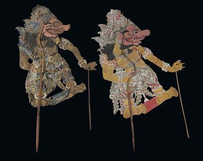 Mixed lot (2 items): Indonesia, Java, Bali: 2 large painted leather shadow play figures called ‘Wayang kulit figures’. - Tribal Art - Africa