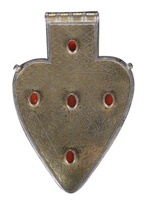 Afghanistan, Iran, Turkmenistan: tribe: Tekke Turkmens: a large ‘braid pendant’ of the Tekke Turkmens, also known as ‘heart plate’ or ‘Asik’. Made of silver, fire gilded, with five carnelians. - Tribal Art