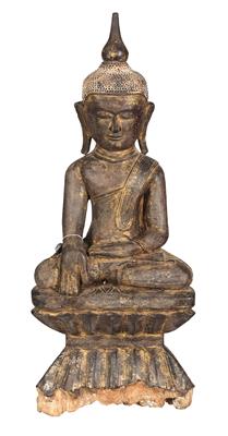 Burma: a Buddha made of wood, sitting on a two-tiered lotus flower throne. With the remains of original gilding. Style: Mandalay. - Tribal Art