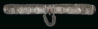 India: a silver belt with buckle fastening, with a five-tier buckle, as well as various medallions with depictions of animals and plants. - Tribal Art