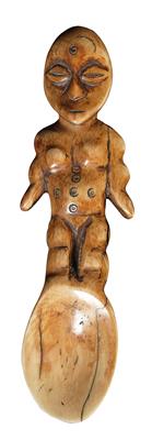 Lega (also Warega or Rega), Dem. Rep. of Congo: a spoon made of ivory, the entire handle fashioned as a standing figure. All carved from a single piece. - Tribal Art