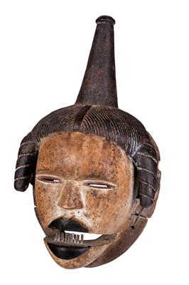 Ogoni, Nigeria: a large mask with movable hinged jaw and a high, conical crest. - Tribal Art