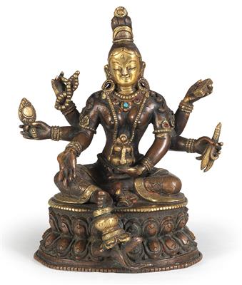 Tibet, Nepal: a partly gilt bronze figurine of the sitting goddess ‘Vasundhara’, the goddess of wealth and prosperity in Tibetan Lamaism. - Tribal Art