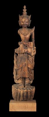 Burma (Myanmar): a standing figurine of a smiling goddess (‘devi’) who originally held an object in her hands. - Tribal Art