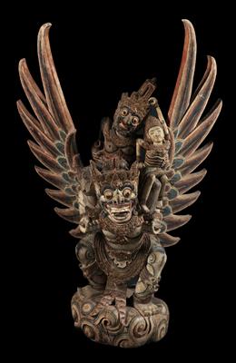 Indonesia, Island of Bali: the Hindu god Vishnu with his wife Lakshmi, riding on the mythical bird of the gods, Garuda. Carved from wood and painted. - Tribal Art