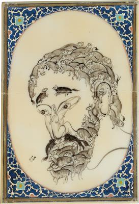 Nordafrika, vermutlich Algerien, Libyen oder Ägypten: Ein höchst originelles, sogenanntes ‘Vexier-Bild’, das einen gemalten, bärtigen Männer-Kopf zeigt, komponiert aus vielen Menschen- und Tier-Figuren. - Tribal Art