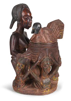 Yoruba, Nigeria: an unusually fine and carefully formed ‘bowl carrier’, with four children. The kneeling woman holds in both hands a deep bowl, whose lid is in the form of a hen. Style: Ekiti. - Tribal Art