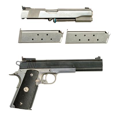 Pistole, Colt, Mod.: Government MK IV/Series'80 gold Cup National Match, Kal.: .45 ACP mit Wechsellauf und Schlitten Peters Stahl PSW VI Kal. .22 l. r., - Sporting and Vintage Guns