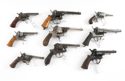 Großkonvolut aus 9 Lefaucheux-Revolvern - Fertigung vor 1900, - Armi da caccia, competizione e collezionismo