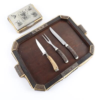 Jagdliches Tablett mit Silberschatulle aus den 1930er-Jahren, - Armi da caccia, competizione e collezionismo
