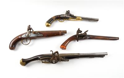 Konvolut aus drei VL-Steinschloßpistolen und einer Radschloßpistole, unbekannter Hersteller, - Sporting & Vintage Guns