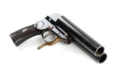 Doppelläufige Signalpistole, Emil Eckoldt (Konstrukteur), Hersteller: Sander - dieser hat nur 300 Stück gefertigt!, Mod.: Luftwaffe - doppelläufige Fliegerleuchtpistole Modell 'L', Kal.: 4, - Sporting & Vintage Guns