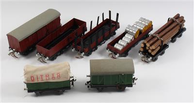 Ditmar Spur 0, 1947-55, 7 Stk. Güterwagen, - Spielzeug
