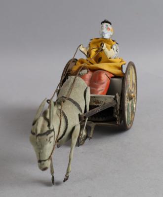 Lehmann Patent - Aufziehfigur Clown auf Eselkarren, um 1920. - Hračky