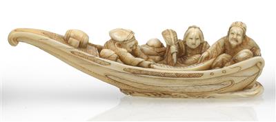 An ivory netsuke of a boat with three Gods of Fortune and a boy - Asian art