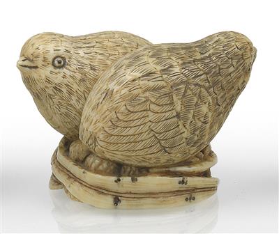 Two quails of an ivory netsuke on millet cobs - Asian art