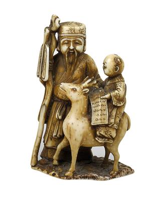 An ivory Okimono of Jurojin with a deer and karako - Arte asiatica