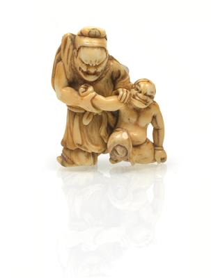 Netsuke des Shoki, der einen Oni gefangen hat - Asiatische Kunst