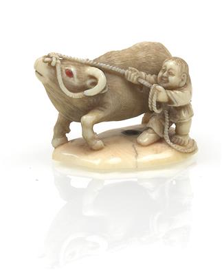 An ivory netsuke of a boy with an ox - Asian art