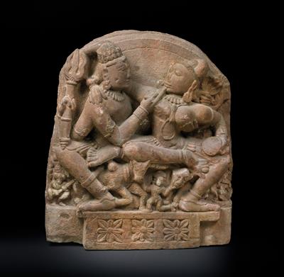 A stele depicting Shiva and Parvati (Uma-Maheshvara) - Asian art